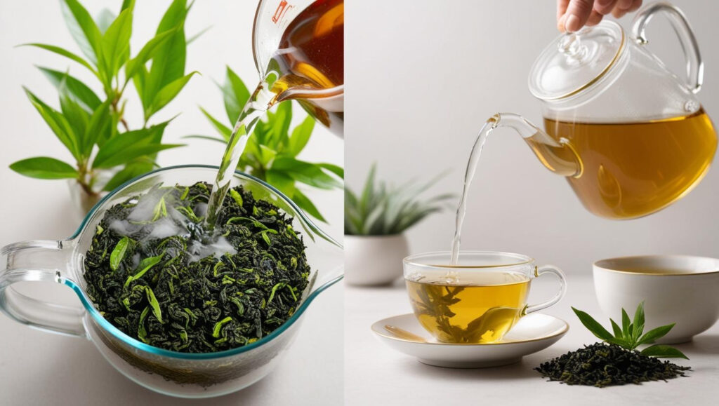 image of green tea putting in transparent cup